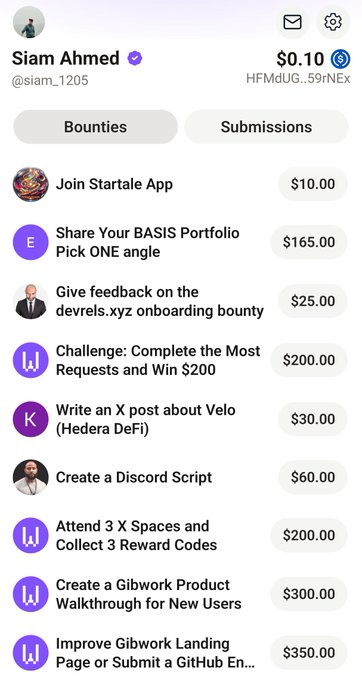 A mobile screen capture of user 'Siam Ahmed' (@siam_1205) showing a list of bounties with various payouts ranging from $10 to $350 for tasks like 'Join Startale App,' 'Share Your BASIS Portfolio Pick ONE angle,' and 'Create a Gibwork Product Walkthrough for New Users.'