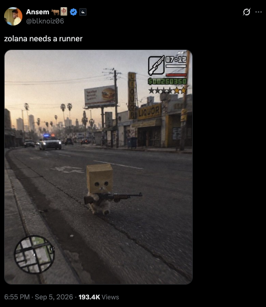 A humorous AI-generated image shows a cardboard box-headed character wielding a machine gun on a desolate Los Angeles street, styled like a Grand Theft Auto screenshot with a police chase and "B K LIQUOR" storefront. The $ZCAT crypto token is referenced as needing "a runner" — a meme joking that the project's mascot cat is taking matters into its own hands.

The tweet has 193.4K views and was posted at 6:55 PM on September 5, 2026, by user @blknoiz06 (Ansem).