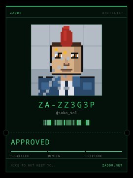 The image shows a stylized "approved" ID card from ZADDR featuring a pixelated character with a red mohawk, labeled with the handle "@sako_sol" and ID number "ZA-ZZ3G3P" marked as "APPROVED." It humorously represents the user being accepted into an exclusive community, matching the post's excitement about gaining approval and joking about needing BITFOOTS to finalize their access.