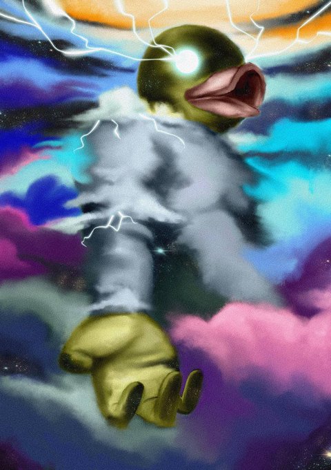 A surreal digital painting of a humanoid figure with a duck bill, a single glowing eye emitting lightning, and a large yellow hand reaching forward amid colorful clouds.