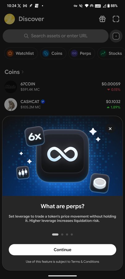 A mobile app screen for a crypto trading platform showing a 'Discover' page with Watchlist, Coins, Perps, and Stocks options, displaying prices for 67COIN and CASHCAT, with an educational popup explaining 'What are perps?'