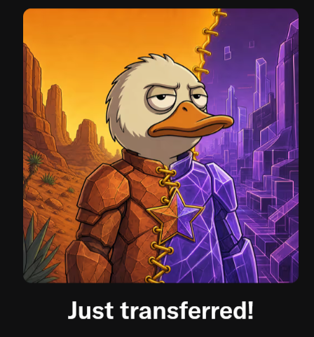 A digital illustration of a duck-headed character with a split orange desert and purple city background, captioned 'Just transferred!'