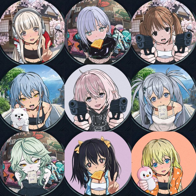 A sheet of nine circular anime-style button pins featuring various cute girl characters in different poses, with backgrounds ranging from cherry blossoms to seaside scenery.