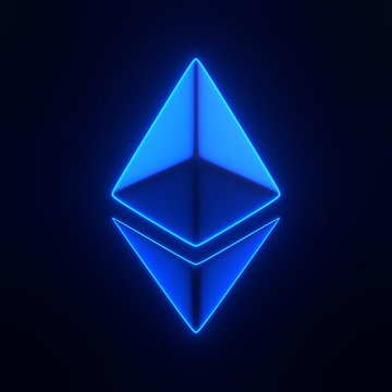 A glowing blue Ethereum (ETH) cryptocurrency logo displayed on a dark background.