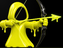 A glossy, neon yellow 3D figure holding a black bow and arrow, posed as if drawing the string to shoot.