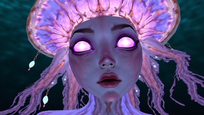 A close-up digital artwork depicts a mystical female character featuring glowing pink/purple eyes and an elaborate, ornate headdress with dangling ornaments against a dark teal background.