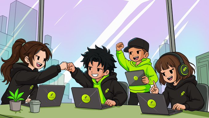 A vibrant cartoon-style illustration shows four enthusiastic young collaborators (two with laptops, one holding a tablet) cheering and fist-bumping at a desk with matching green alien-themed logos, visually representing the "awakening" community and collaborative spirit of the 2,222 souls mentioned in the @asad_2000_ Collabs announcement.