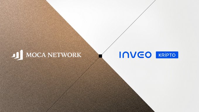 The image displays the logos of "MOCA NETWORK" and "INVEO KRIPTO" set against a textured geometric background in brown and white tones. This visual represents the partnership mentioned in the post, where Moca Network has signed an MoU with Inveo Kripto and Ichain Investment Holding to develop regulated Web3 infrastructure in Türkiye through Moca's AIR SDK.