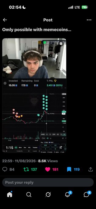 A screenshot of a social media post titled 'Omly possible with memecoins...' shows a trading interface with a green and red chart, displaying 'Invested 15.06', 'Remaining 17.5', and 'T. PNL 2.451 (50%)', along with engagement metrics like 84 comments, 137 reposts, 191 likes, and 119 saves.