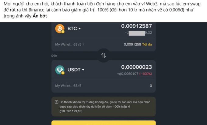A Binance cryptocurrency swap interface in Vietnamese, showing a BTC to USDT conversion with a -100% price impact warning and slippage error.