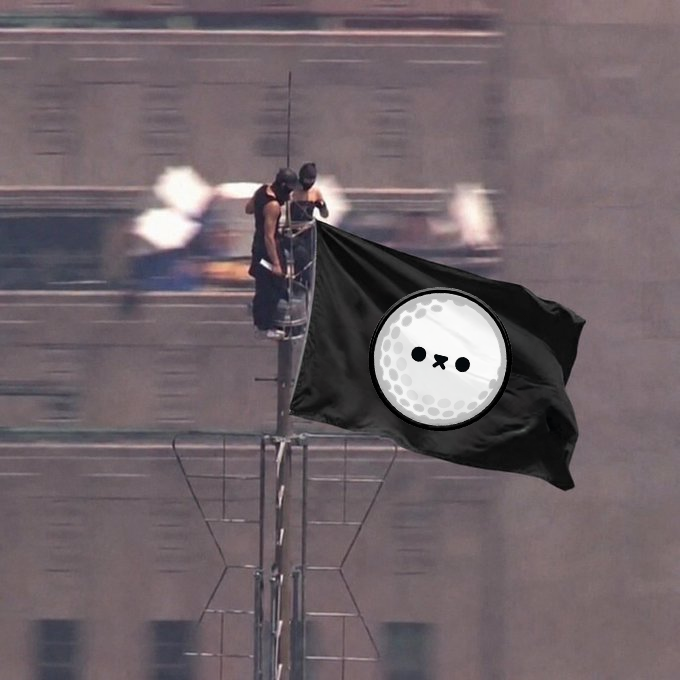 A person on a rooftop raises a black flag featuring a cartoon golf ball with an angry expression, tying into the post's "GM // g'Mulligan!" greeting by blending the crypto "GM" (good morning) phrase with a golf pun.