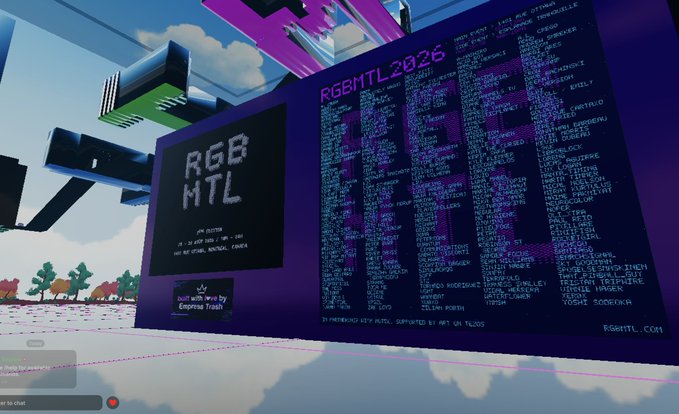 A screenshot of the 'RGBMTL2026' virtual event website showing a large sign listing contributors and sponsors, with floating architectural elements in a sky environment.