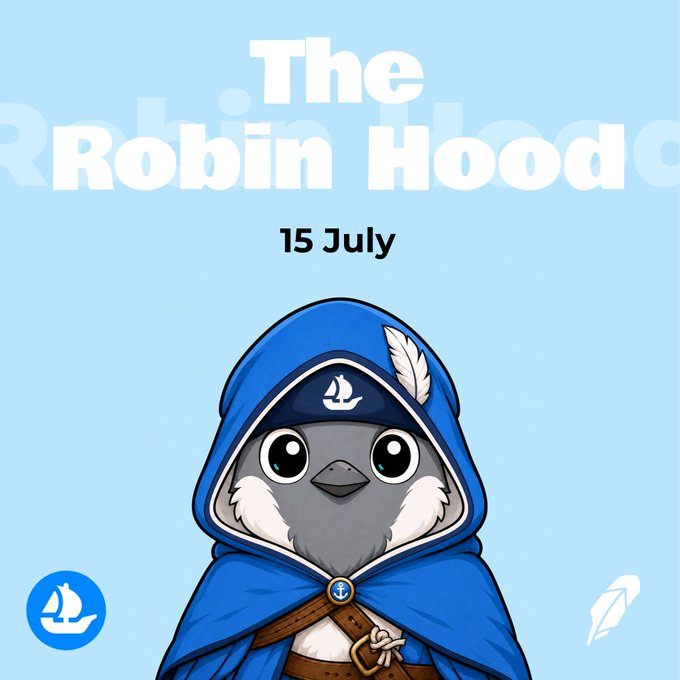 A cute cartoon bird character dressed in a blue Robin Hood-style hooded cloak with a feather, displayed against a light blue background with the title "The Robin Hood" and the date "15 July." The image ties into the giveaway post by featuring the mascot of @therobinhoodxyz, the project hosting the 10x GTD spots giveaway, visually reinforcing the brand's identity as part of the promotional collaboration.