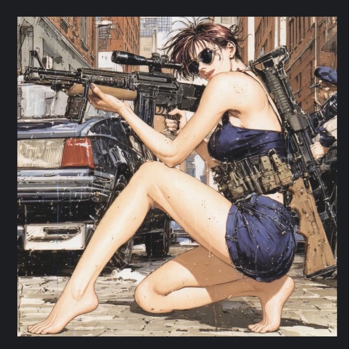 Anime-style artwork depicting a barefoot woman with sunglasses in a tactical outfit crouching on a city street while holding an assault rifle, with police officers in the background.