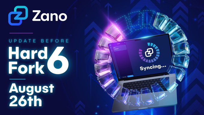 Promotional graphic for Zano announcing a Hard Fork 6 update required before August 26th, featuring a laptop showing 'Syncing...' encircled by crystalline blocks.