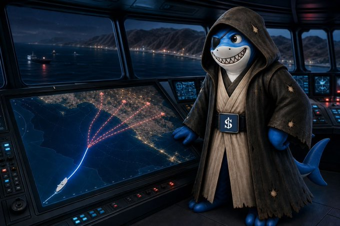 An AI-generated image of a cartoon blue shark wearing a brown Jedi-like robe standing in a control room with navigation screens showing ship routes.