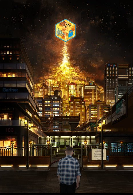 A man in a plaid shirt gazes up at a glowing "Chainlink" cube ascending like a fiery meteor over a futuristic cityscape, with visible signs for "Gartner," "IC3," and "Google," symbolizing the explosive onchain transformation of global financial rails that the post suggests $LINK will power.