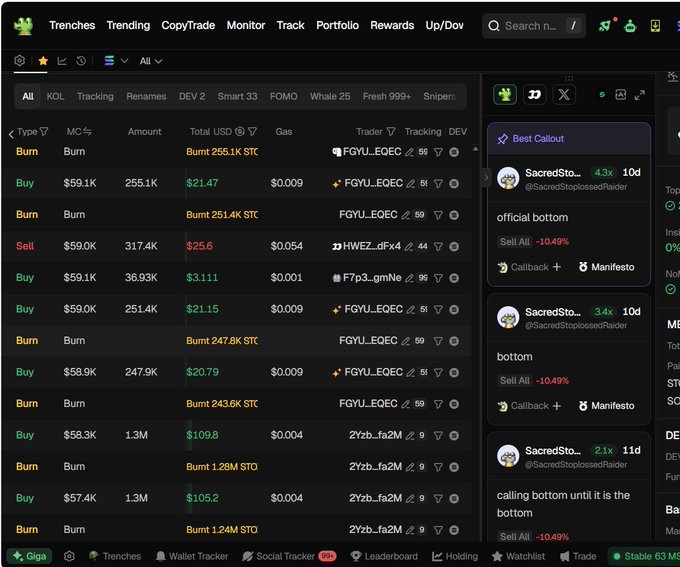 A cryptocurrency trading interface with tabs for 'Trenches,' 'CopyTrade,' 'Monitor,' and 'Track,' showing transaction rows including 'Burn 255.1K STC' and a 'Best Callout' panel from @SacredStoplossedRaider with 'official bottom' and 'Sell All -10.49%'.