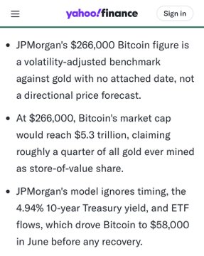 A Yahoo Finance article excerpt discussing JPMorgan's $266,000 Bitcoin volatility-adjusted benchmark forecast.