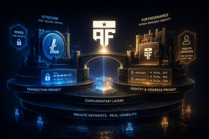 A digital promotional graphic featuring the Litecoin logo and MWEB (MimbleWimble Extension Blocks) alongside Fortress Names, highlighting privacy features like transaction privacy, stealth addresses, and identity/address privacy, with the tagline 'PRIVATE PAYMENTS. REAL USABILITY.'