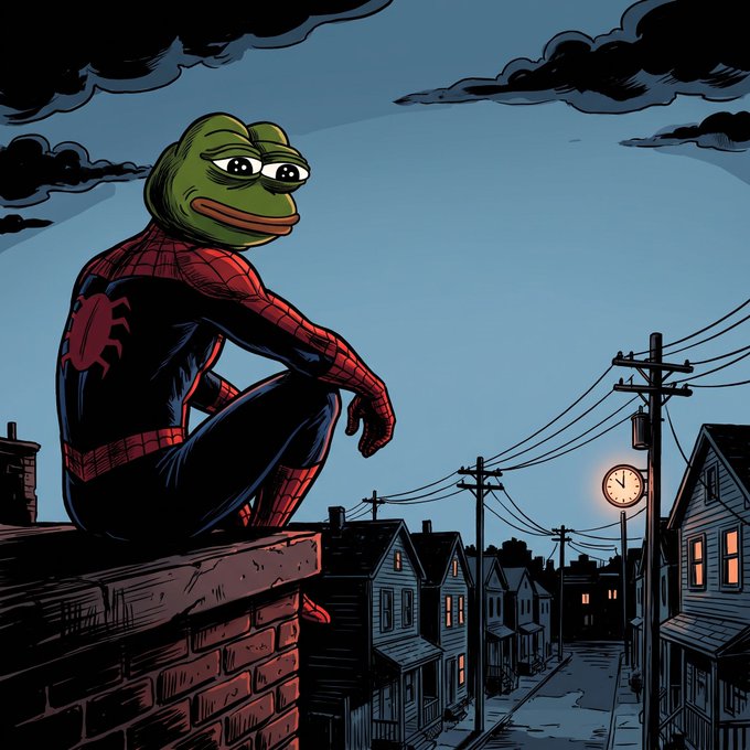 An illustration of a Pepe the Frog character dressed in a Spider-Man suit sitting on a rooftop overlooking a suburban street at night.