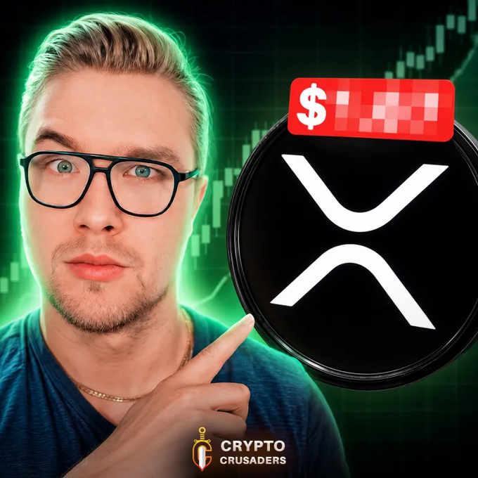 The image features a man wearing glasses, pointing at a $1 Bitcoin symbol with a red dollar sign sticker placed above it, indicating he wants to invest or sell Bitcoins for one dollar. The background of the photo shows an example of a cryptocurrency tracking system called Crpto Crusaders, which suggests that the man is likely engaged in Cryptocurrency trading and has used this platform to monitor his investment activity.