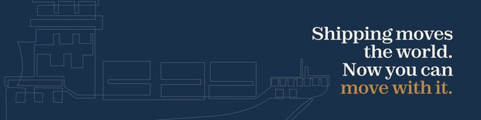 Dark navy blue graphic with outlined ship/building illustration and text reading 'Shipping moves the world. Now you can move with it.'