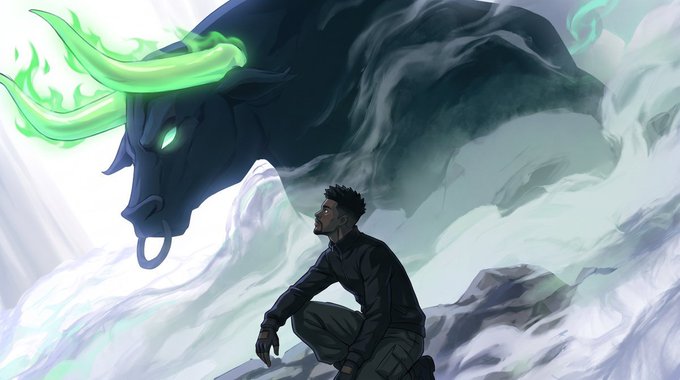 An illustration depicting a man in black tactical gear crouching in a snowy mountainous landscape, facing a large, spectral bull with glowing green horns and eyes.