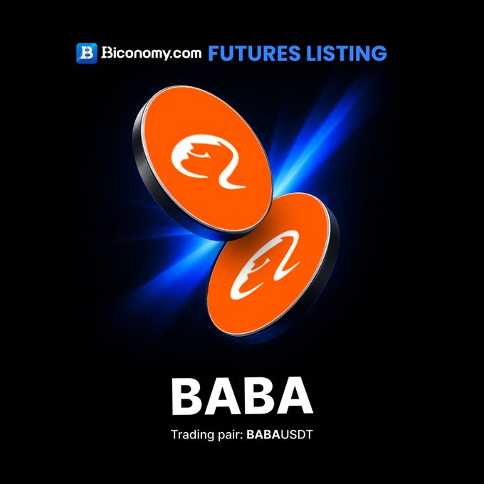 A promotional graphic from Biconomy.com announcing the futures listing of BABA, featuring two orange coin icons with stylized logos, the "Biconomy.com FUTURES LISTING" header, and the text "BABA – Trading pair: BABAUSDT" against a dark background with blue light streaks.