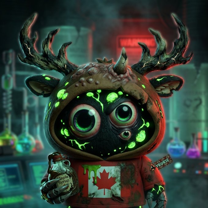 A 3D-rendered NFT character depicting a creature with antlers, large eyes, and glowing green patches, wearing a Canadian flag hoodie and holding a bottle of Maple Syrup in a laboratory setting.