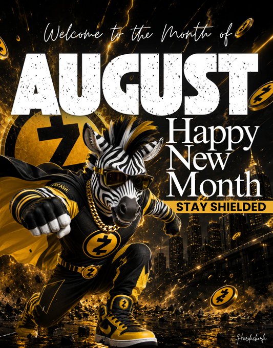 A graphic welcoming readers to August with the text 'Welcome to the Month of AUGUST Happy New Month STAY SHIELDED', featuring a superhero zebra wearing gold and black with a 'Z' symbol.