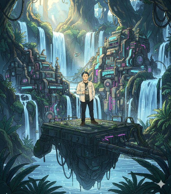 The image features a man standing on a platform that floats above water surrounded by trees and plants. The floating platform has a futuristic design with wires and cables attached to it. The background of the image includes a waterfall, which adds to the overall theme of an alternate reality or futuristic setting. The caption "GM CT always remember, we are just stardust literally." suggests that this scene is part of a larger concept or story involving GMCT (Global Computer Technology) and their connection to the floating platform in the image.