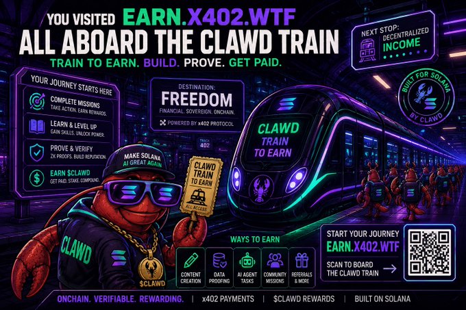 A promotional banner for 'EARN.X402.WTF - ALL ABOARD THE CLAWD TRAIN', a Solana-based platform featuring a lobster mascot in VR goggles and a QR code, with the tagline 'TRAIN TO EARN. BUILD. PROVE. GET PAID.'