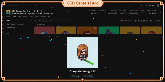 A pop-up message on a marketplace reads 'Congrats! You got it!' next to an animated character holding a green lightsaber, labeled 'OCH Genesis Hero'.
