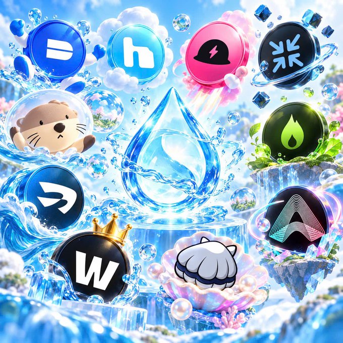 A colorful digital illustration featuring various cryptocurrency logos arranged around a central water droplet, including icons for Hedera, Helium, Hedron, and others, with cute mascot characters like a sea otter and shell.