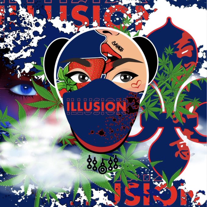 A vibrant graphic featuring a stylized character with a panda-like mask covering the lower half of their face, surrounded by cannabis leaves, paint splatters, and the word "ILLUSION" repeated in bold red text, with a "SAVAGE" tattoo on the forehead. The "Savage" branding ties into the #SavageSaturday #SavageNFTs theme, representing a bold, edgy NFT art style.