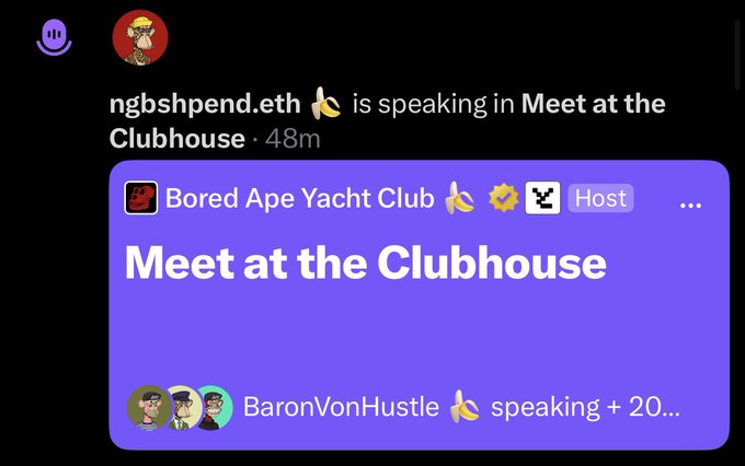 The image shows a Clubhouse notification indicating "ngbshpend.eth is speaking in Meet at the Clubhouse" with the Bored Ape Yacht Club hosting the room. The post celebrates over 200 attendees in the BAYC-hosted Clubhouse session, highlighting "Meet at the Clubhouse" as the event title, with BaronVonHustle among the 20+ speakers.