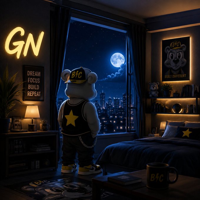 An anthropomorphic bear character wearing a 'BfC' cap, star-emblazoned tank top, and chain stands gazing at a full moon through a window in a bedroom decorated with 'GN' neon signs, 'DREAM FOCUS BUILD REPEAT' and 'BUILT DIFFERENT' posters.