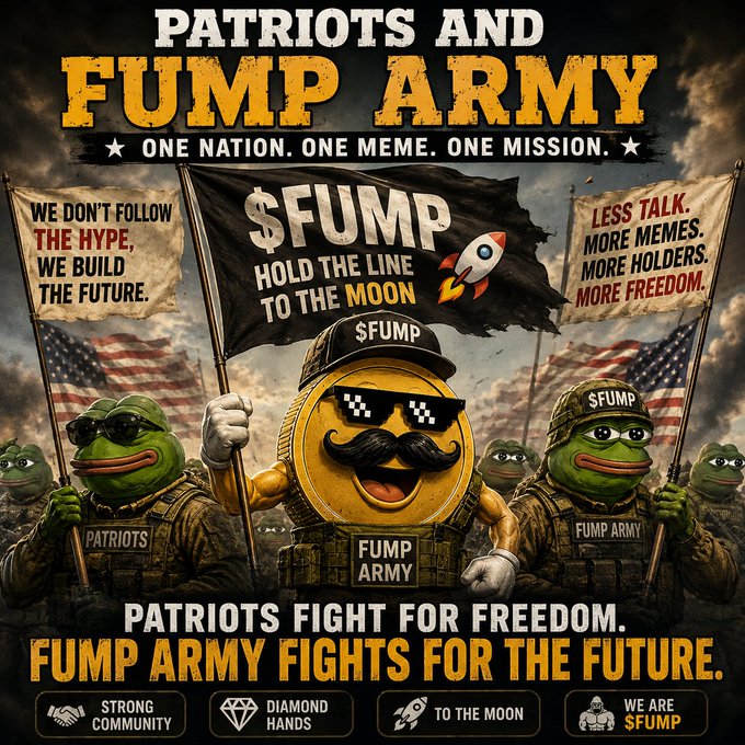 A militaristic meme-style poster titled "Patriots and FUMP Army" with the tagline "One Nation. One Meme. One Mission." features anthropomorphic Pepe frogs and a central Bitcoin-like coin mascot wearing pixelated sunglasses and a "$FUMP" cap, holding flags reading "We Don't Follow the Hype, We Build the Future" and "Less Talk. More Memes. More Holders. More Freedom." The bottom declares "Patriots Fight for Freedom. FUMP Army Fights for the Future." with badges for "Strong Community," "Diamond Hands," "To the Moon," and "We Are FUMP," reinforcing the post's call for genuine believers to join the $FUMP community as early builders rather than paid participants.