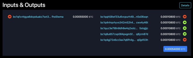 A cryptocurrency transaction interface displays 'Inputs & Outputs' showing a transfer of BTC with various hash codes and amounts, totaling 0.00054000 BTC.