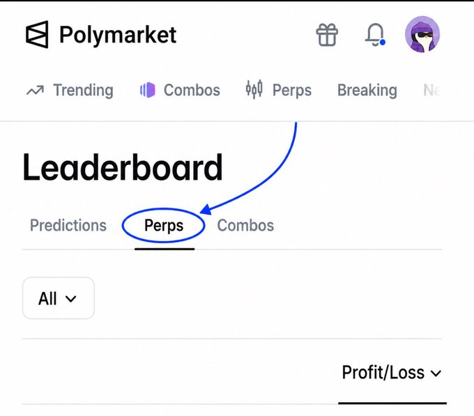A screenshot of the Polymarket website highlighting the "Perps" tab on the Leaderboard page, circled in blue with an arrow pointing to it, as the post emphasizes this new feature for tracking top perpetual futures traders on the platform.