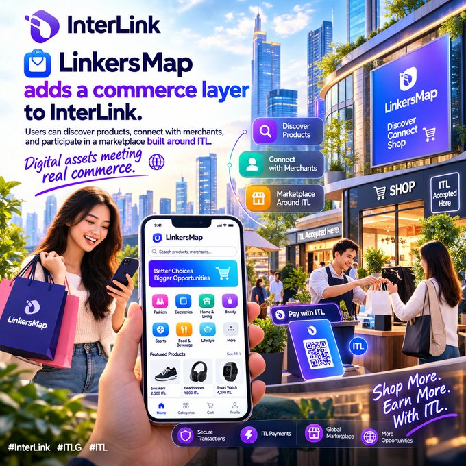 A promotional graphic for 'InterLink' and 'LinkersMap' showcasing a mobile app marketplace with features like 'Discover Products,' 'Connect with Merchants,' and 'Pay with ITL,' set against a city backdrop with the text 'Digital assets meeting real commerce.'