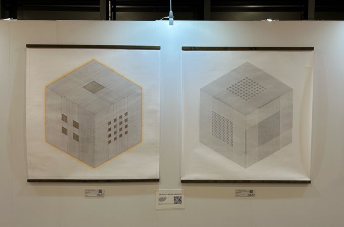 The image features two paintings hanging side by side against a white wall at an art gallery. The paintings are of different sizes and styles, with one being larger than the other. They appear to be up for auction, as indicated by the text "These two frens are up for auction @BTCPrague gallery". The paintings seem to have attracted attention from several people who are interested in them, as they are described as "very respected" and "very much attention".