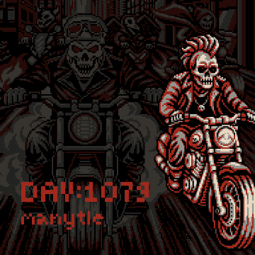 A pixel-art style graphic of a skeletal figure on a motorcycle with the text 'DAYY1073' and 'riskytitle'.