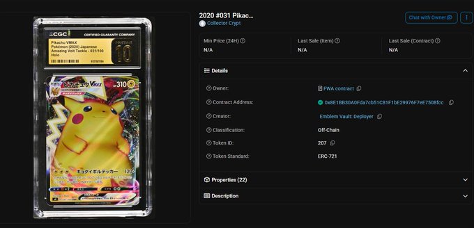 The image shows a CGC graded Pokemon Pikachu card with a perfect 10 score, listed on Collector Crypt with details indicating it is owned by the $FWA contract via Emblem Vault, visually supporting the post's mention of Pokemon cards being shipped on-chain through Emblem Vault for $FWA.