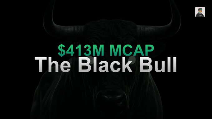 A black background features a faint silhouette of a bull with large horns, overlaid with text reading '$413M MCAP' in green and 'The Black Bull' in white.