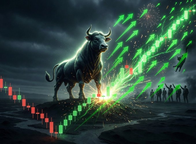 Dramatic digital artwork of a glowing bull statue on a rocky outcrop surrounded by green up arrows, red/green candlestick charts, fireworks, and silhouetted figures celebrating a bullish market.