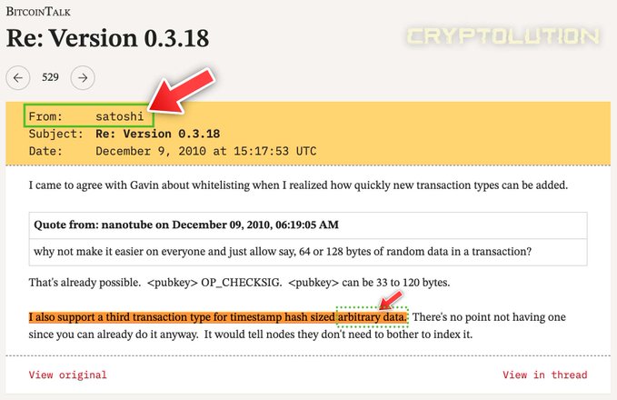 A screenshot of a BitcoinTalk forum post titled 'Re: Version 0.3.18' from user 'satoshi' dated December 9, 2010, with red arrows pointing to the username and the phrase 'arbitrary data,' branded with 'CRYPTOLUTION'.