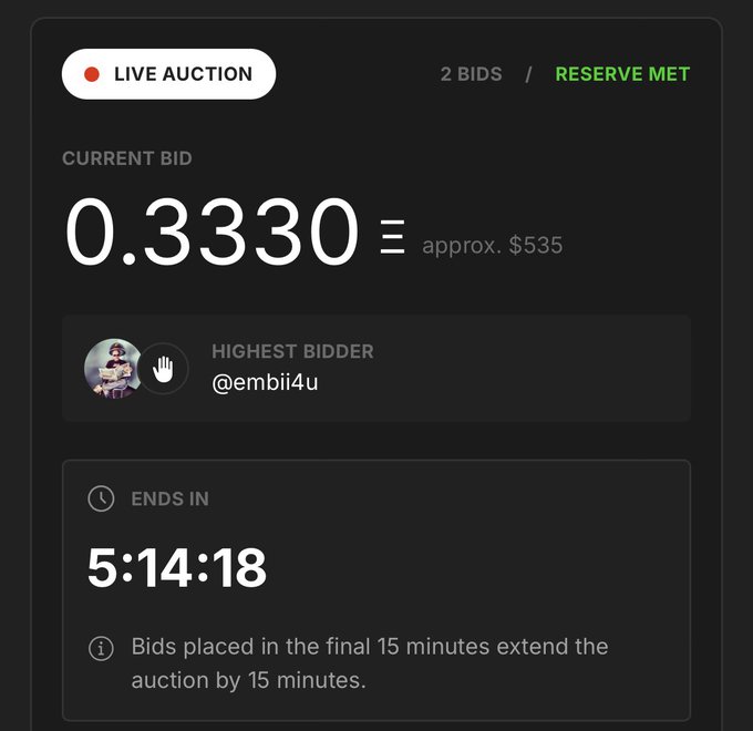 A live auction interface displaying a current bid of 0.3330 (approx. $535) with reserve met, 2 bids placed, highest bidder @embii4u, and 5:14:18 remaining on the auction timer.