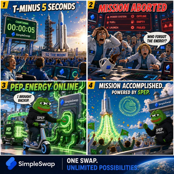 A four-panel SimpleSwap meme advertisement showing a rocket launch with the Pepe community providing $PEP energy, captioned 'ONE SWAP. UNLIMITED POSSIBILITIES.'